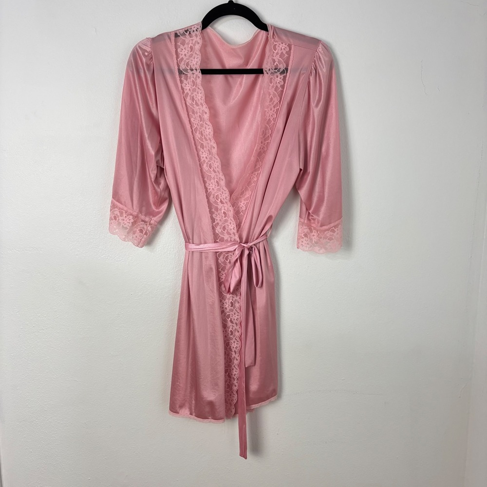 Vtg 80s Pinx Pink Satin Lace Trim Lingerie Robe Short Nylon Made in USA Large